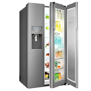 نمای کناری با در باز یخچال سايد بای سايد اسنوا مدل sn83350ss