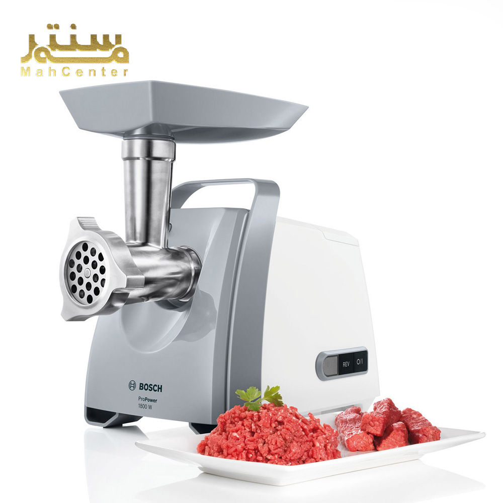 چرخ گوشت بوش مدل MFW66020 با توان 1800 وات و بدنه پلاستیکی مقاوم در رنگ سفید و طوسی.