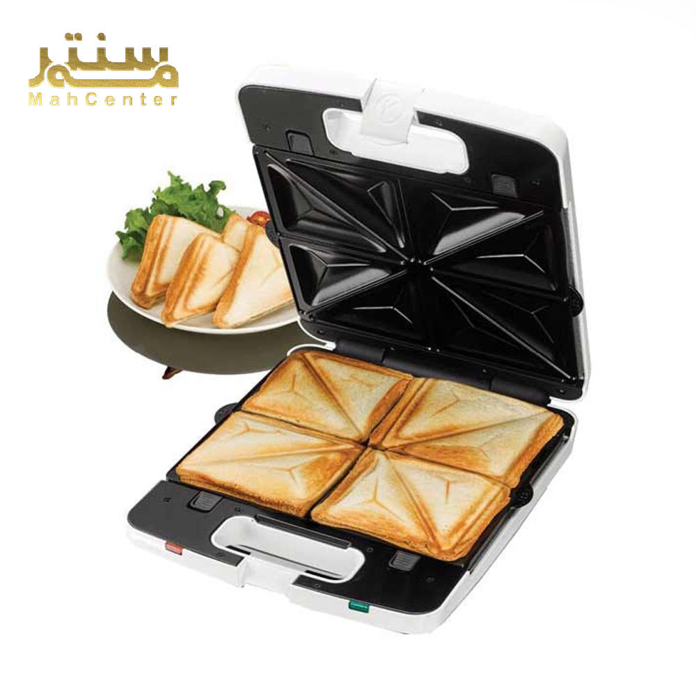 ساندویچ ساز کنوود مدل SM740 با بدنه سفید پلاستیکی مقاوم و صفحات نچسب تفلون برای تهیه ساندویچ‌های مثلثی.