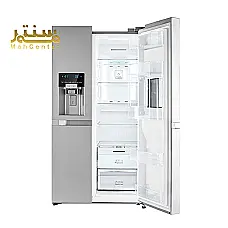 یخچال ساید بای ساید استیل مدرن با نمایشگر دیجیتال و آب‌ریز بیرونی. - دوم