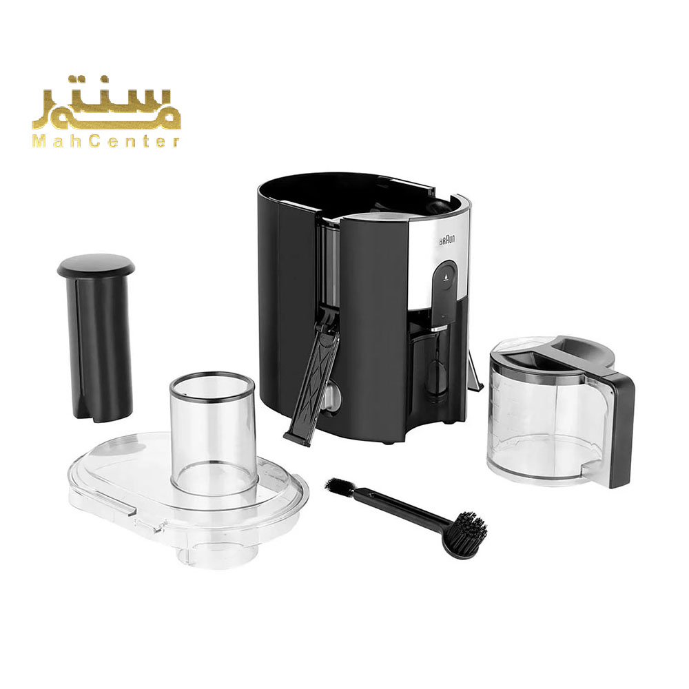 آبمیوه‌گیری براون مدل J500 BK با طراحی جمع‌وجور و بدنه مشکی مات.