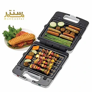نمای نزدیک از صفحات گریل ساندویچ ساز کنوود SM740 با روکش نچسب و مخزن جمع‌آوری چربی.