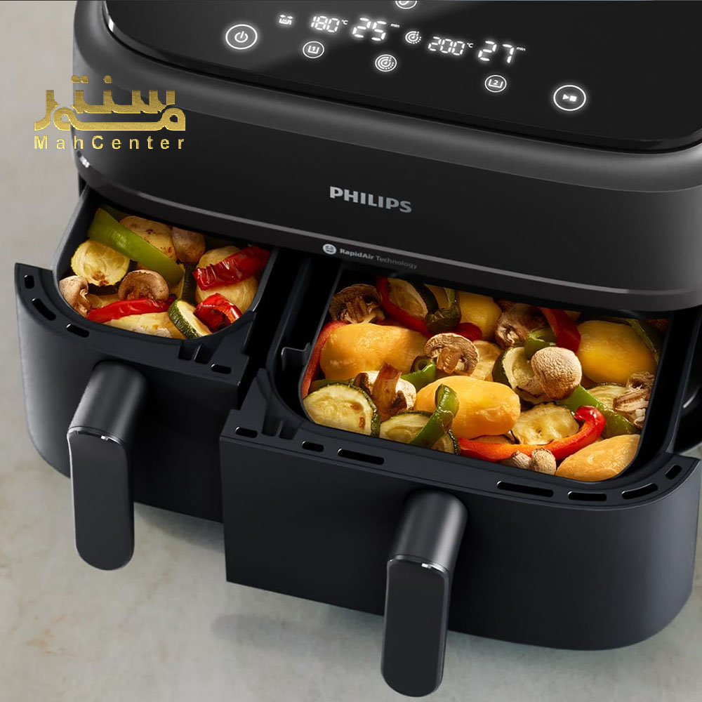 سرخ کن بدون روغن دوقلو فیلیپس NA350 با دو سبد 6 و 3 لیتری، ایده‌آل برای پخت همزمان دو نوع غذا.