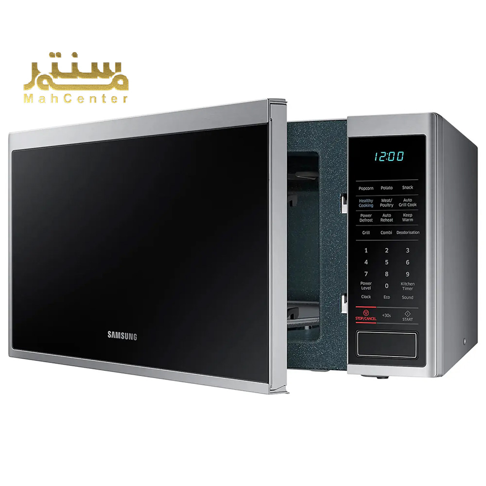 نمای جلویی مایکروویو سامسونگ MG40J5133AT نقره‌ای با نمایشگر LED آبی.