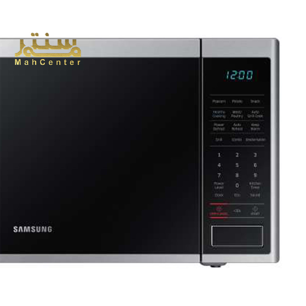 طراحی نقره‌ای شیک مایکروویو سامسونگ MG40J5133AT از زاویه کناری در آشپزخانه.