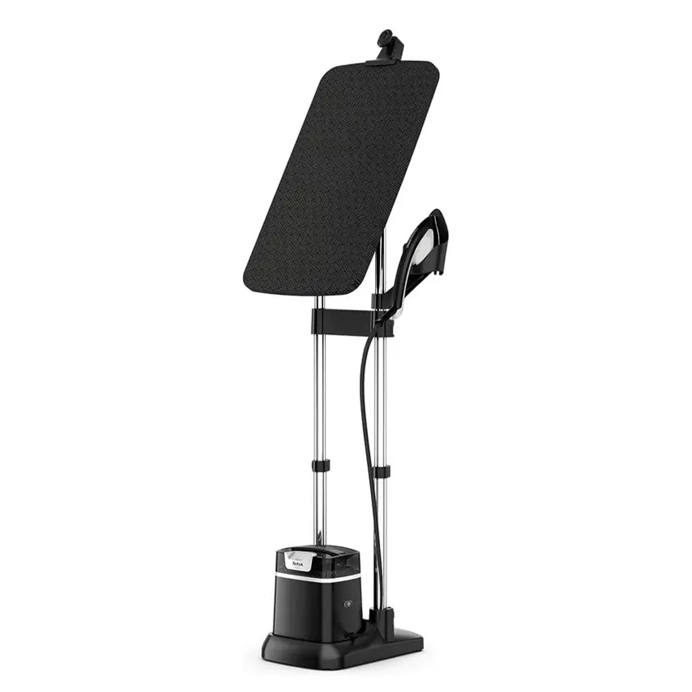 اتو بخارگر ایستاده تفال مدل QT1510 با طراحی شیک و مدرن، بدنه مشکی و نقره‌ای، مناسب برای اتوکشی انواع لباس.