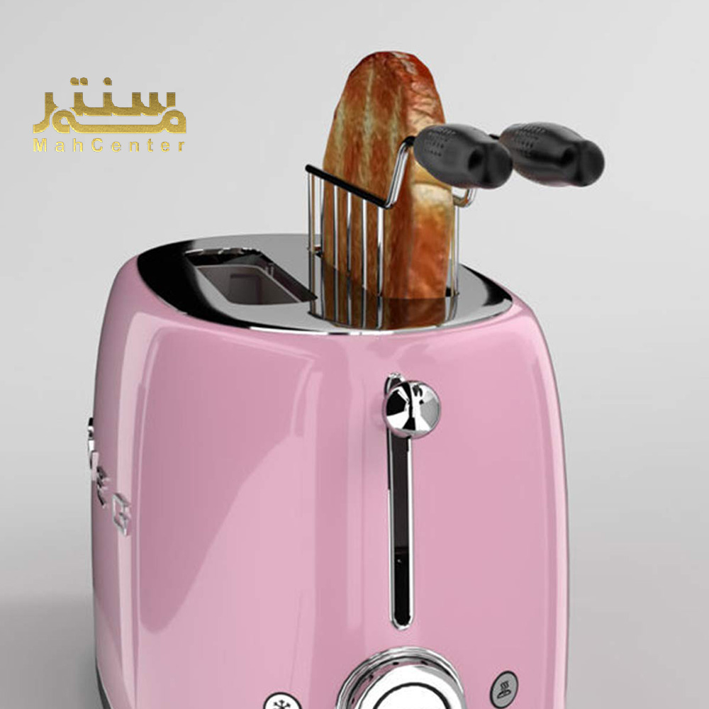 توستر نان اسمگ مدل TSF01 صورتی با دکمه‌های کنترلی LED و عملکرد گرم کردن مجدد.