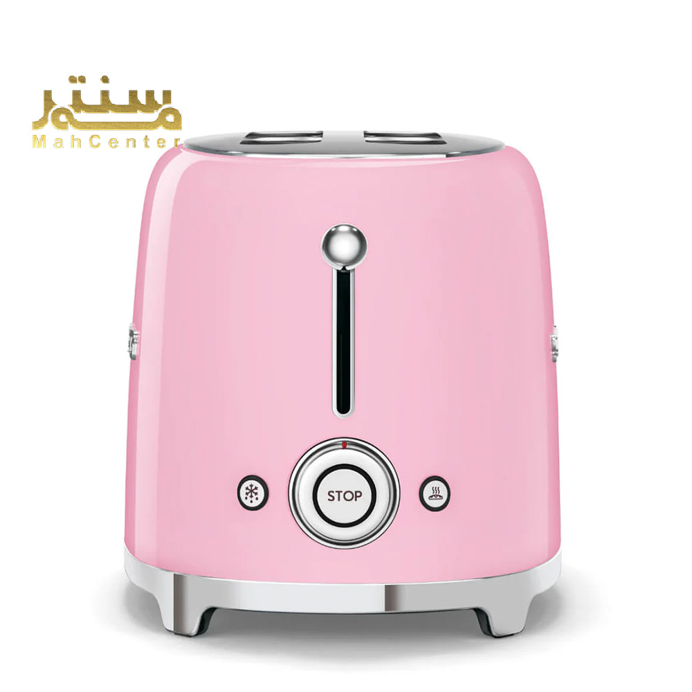 دستگاه توستر دو اسلایس اسمگ TSF01 صورتی با توان 950 وات و سینی قابل جداشدن خرده نان.