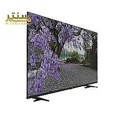 یک تلویزیون مشکی با صفحه نمایش بزرگ در پس زمینه سفید نشان داده شده است. روی صفحه تلویزیون تصویری از یک درخت یاس بنفش در یک حیاط نشان داده شده است. - دوم