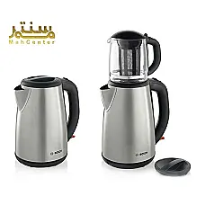 تصویر یک چای‌ساز برقی بوش با بدنه فلزی و قوری شیشه‌ای روی کتری را نشان می‌دهد. - دوم