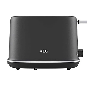 تصویری از یک توستر AEG به رنگ مشکی، با طراحی مینیمال و مدرن، دارای دکمه‌های کنترلی در کنار