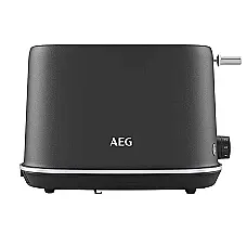 تصویری از یک توستر AEG به رنگ مشکی، با طراحی مینیمال و مدرن، دارای دکمه‌های کنترلی در کنار