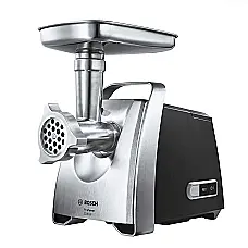 عکس یک چرخ گوشت بوش مدل ProPower با بدنه استیل و مشکی که دارای دکمه‌های کنترل در کنار دستگاه است.