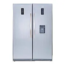 یخچال و فریزر دوقلو با طراحی استیل و صفحه نمایش دیجیتال، همراه با آب‌سردکن.