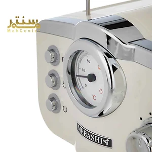 بخشی از یک دستگاه اسپرسوساز از برند مباشی را نشان می‌دهد. این قسمت از دستگاه، پنل کنترل و گیج فشار را نشان می‌دهد که برای تنظیم و کنترل فرآیند تهیه اسپرسو استفاده می‌شود.