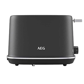 تصویری از یک توستر AEG به رنگ مشکی، با طراحی مینیمال و مدرن، دارای دکمه‌های کنترلی در کنار