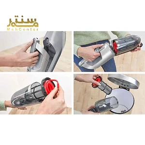 مراحل مختلف استفاده و نگهداری از یک جاروبرقی دستی بی سیم را نشان می‌دهد