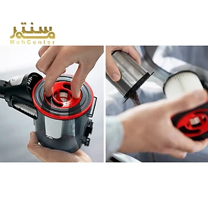 دو مرحله از فرآیند تخلیه مخزن گرد و غبار یک جاروبرقی بی‌سیم بوش را نشان می‌دهد.