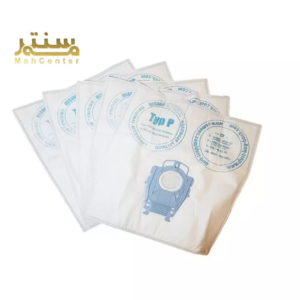 یک بسته چهار تایی از کیسه های جاروبرقی بوش مگاایر سوپر تکس نوع P روی پس زمینه سفید نشان داده شده است. کیسه ها سفید با چاپ آبی و مشکی هستند