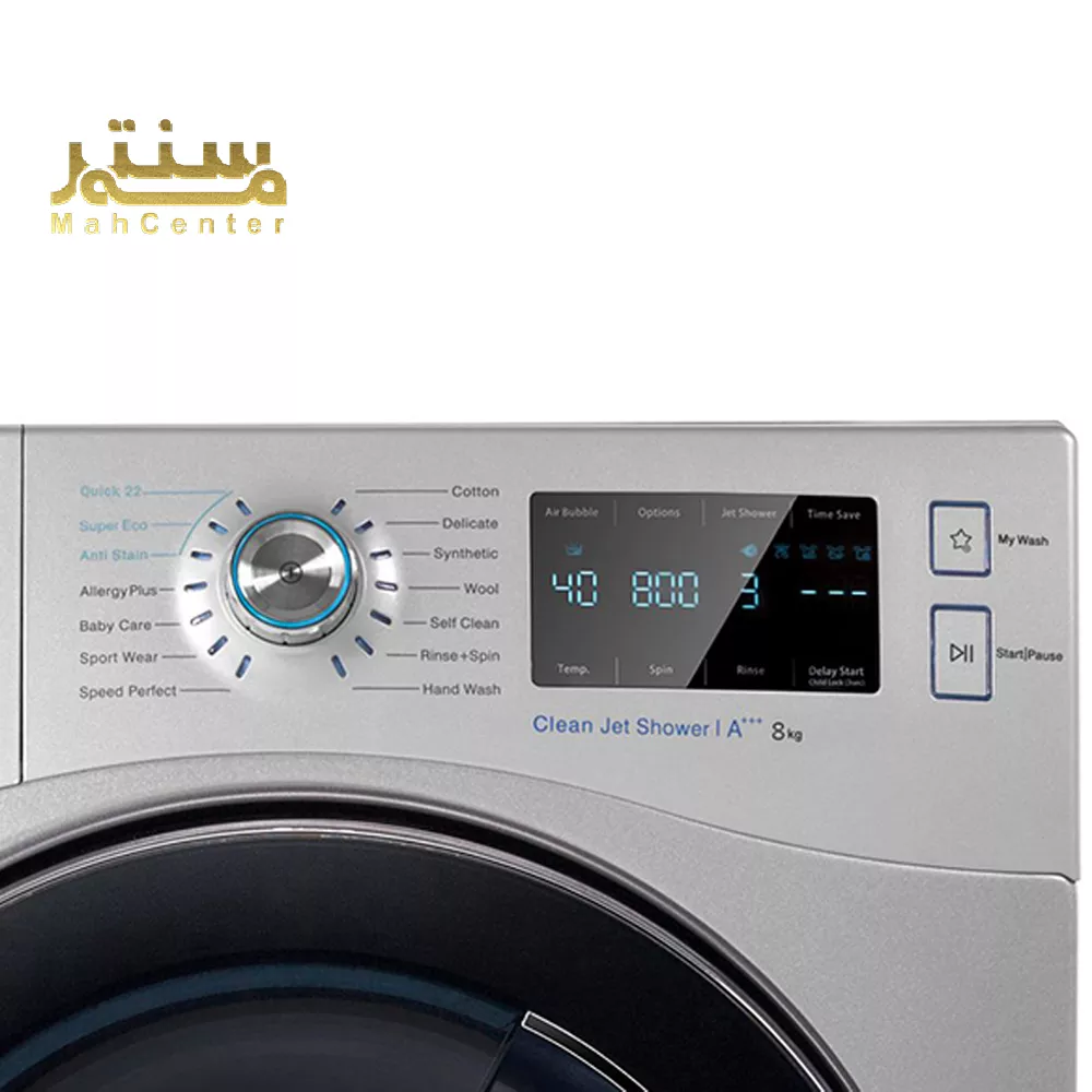 این تصویر یک نمای نزدیک از پنل کنترل یک ماشین لباسشویی دوو با ظرفیت 8 کیلوگرم را نشان می دهد.