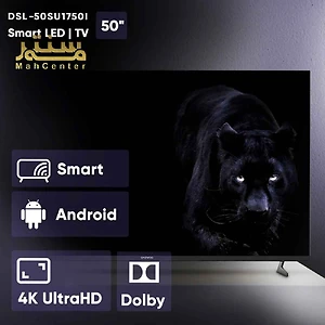 تلویزیون هوشمند ۵۰ اینچی با ویژگی‌های اندروید، 4K UltraHD و صدای دالبی با تصویر پلنگ سیاه.