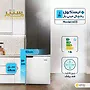 یک یخچال مینی‌بار سفید رنگ با برند ماه‌سنتر مدل ۴۰۳، به همراه ابعاد و برچسب انرژی A+ در یک آشپزخانه قرار گرفته است.
