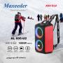 یک اسپیکر پرتابل با طراحی رنگی و بند شانه‌ای، مدل Maxeeder AL 605-U2، در کنار تصویر یک اسکی‌باز در حال حرکت در پیست برفی.