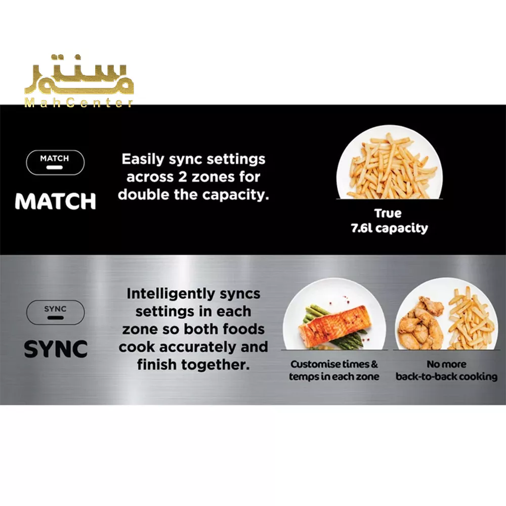 تصویر یک دستگاه هواپز با ۶ قابلیت پخت سفارشی شامل Max Crisp، سرخ کردن با هوا، گرم کردن مجدد، برشته کردن، خشک کردن و پخت کیک یا دسر است که کاربردهای مختلف آن را نمایش می‌دهد.