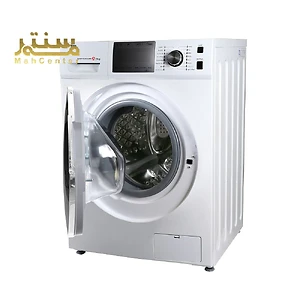 در تصویر، ماشین لباسشویی با درب باز نمایش داده شده است و می‌توان دیگ داخلی آن را مشاهده کرد.