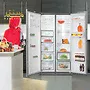 یخچال دوقلو با طراحی مدرن، فضای جادار و درب‌های باز با دسترسی آسان.