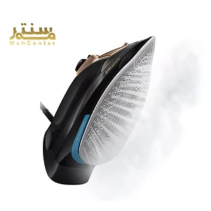 یک اتو بخار مشکی و طلایی فیلیپس روی پس زمینه سفید نشان داده شده است. اتو در حال ساطع کردن بخار از صفحه خود است.
