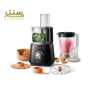 این تصویر یک دستگاه غذاساز فیلیپس (Philips) را نشان می‌دهد که به همراه لوازم جانبی مختلف آن در یک پس‌زمینه سفید قرار گرفته است.