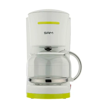 قهوه‌ساز سفید SAM با طراحی ساده و قوری شیشه‌ای شفاف.