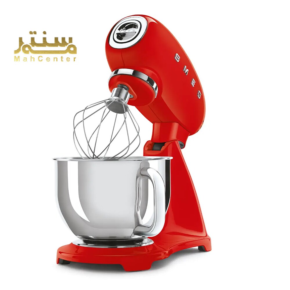 این تصویر یک دستگاه همزن برقی (میکسر)  با طراحی  جالب و  قدیمی  (به اصطلاح  "رترو")  را  نشان می‌دهد.