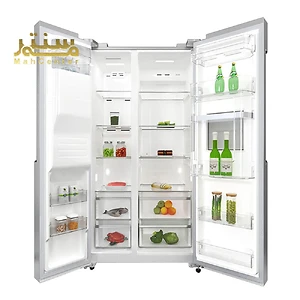 این تصویر یک یخچال ساید بای ساید برفاب مدل SN8-2340SS را نشان می دهد که به رنگ سفید است و در حالت نمایش است.