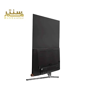 نمای پشتی یک تلویزیون صفحه تخت با پایه های فلزی براق و طراحی مینیمال.