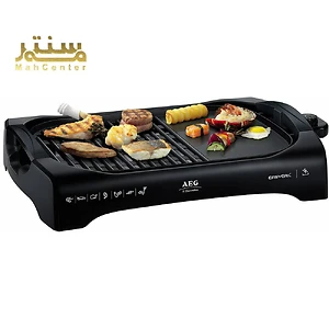 یک گریل مشکی ای ای جی با غذای پخته شده روی آن در پس زمینه سفید نشان داده شده است.