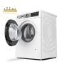 این تصویر یک ماشین لباسشویی مدرن و کارآمد از برند Bosch را نشان می‌دهد. این ماشین لباسشویی با طراحی مدرن و ظرفیت مناسب، یک وسیله آشپزخانه با کیفیت و کارایی بالا به نظر می‌رسد.