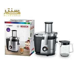 یک آبمیوه گیری بوش با یک فنجان آبمیوه و یک جعبه آبمیوه گیری بوش در پس زمینه.