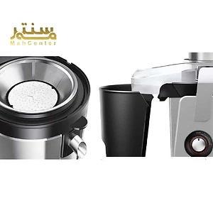 یک آبمیوه گیری بوش با نام تجاری مه سنتر با یک ظرف تفاله در سمت چپ و یک ظرف آبمیوه در سمت راست.