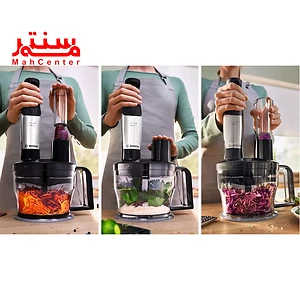 سه عکس از ظرف خردکن بوش 6m871 که در عکس سمت راست کلم بنفش رنده شده، عکس وسطی سبزی و برنج در حال میکس شدن است و در عکس سمت چپ هم هویج رنده شده داخل ظرف است