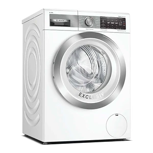 یک ماشین لباسشویی سفید Bosch با نام تجاری Mah Center با درب آن باز است تا فضای داخلی آن نمایان شود.