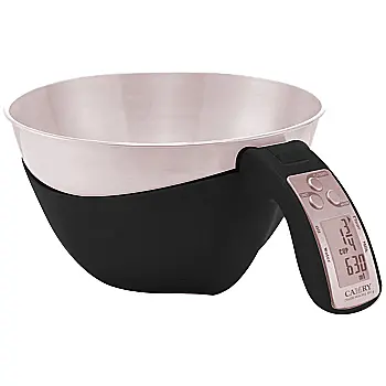 این ترازوی آشپزخانه مشکی است و دارای یک کاسه بزرگ و یک صفحه نمایش دیجیتال است