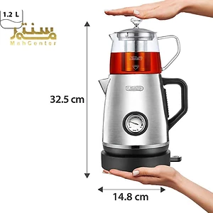 یک چای ساز Feller TS190 با ابعاد و ظرفیت آن نشان داده شده است. چای ساز دارای یک قوری شیشه ای، یک صفحه گرم کننده و یک دسته است.