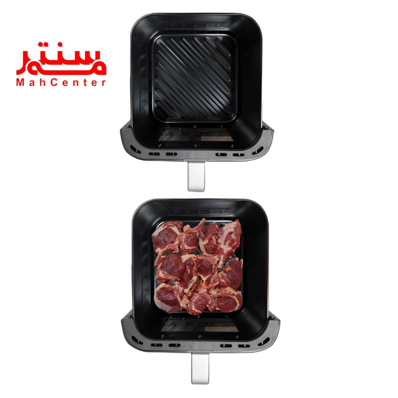 سبد سرخ کن بدون روغن گوسونیک مدل 837 که تو یکی از سبد ها تکه های گوشت هست برای پخت داخل سرخ کن گوسونیک