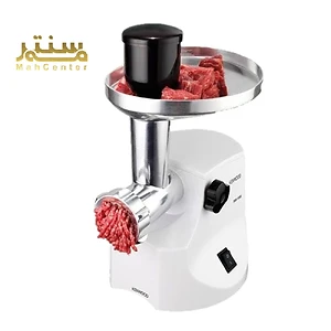 در قسمت بالای دستگاه، یک سینی فلزی بزرگ برای قرار دادن گوشت و یک قطعه پلاستیکی مشکی رنگ برای فشار دادن گوشت به داخل دستگاه دیده می شود