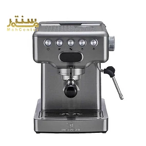 این دستگاه اسپرسو نقره ای و مشکی است و دارای یک نازل بخار، یک سبد فیلتر و یک سینی چکه است.
