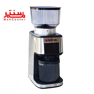 آسیاب نوا مدل 3661dg با بدنه استیل که روی آن مخزن دانه قهوه است