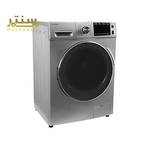 یک ماشین لباسشویی نقره ای پاکشوما در پس زمینه سفید نمایش داده می شود.