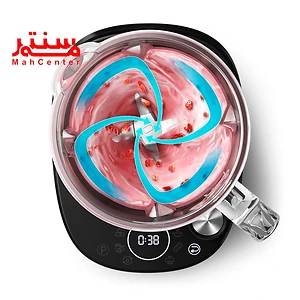 در پارچ مخلوط کن hr3760 باز است و در آن توت فرنگی در حال میکس شدن است، دکمه های این دستگاه هم مشخصه
